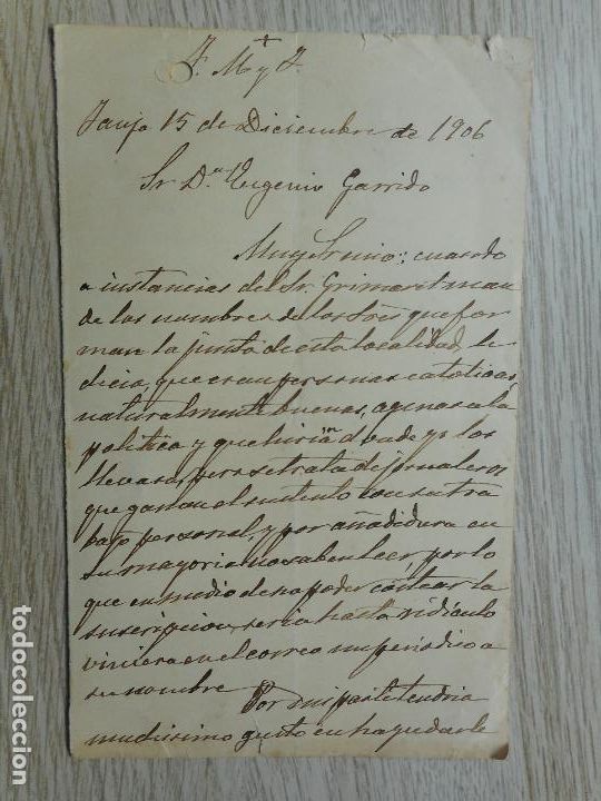 Alte Manuskripte: ANTIGUA CARTA EUGENIO GARRIGA.PERIODICO LA RECONQUISTA-JUAN SANTAELLA.1906