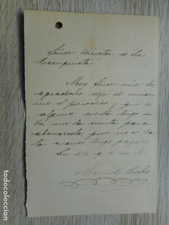 Alte Manuskripte: ANTIGUA CARTA EUGENIO GARRIGA.PERIODICO LA RECONQUISTA-MANUEL LOBO. 1905-1910