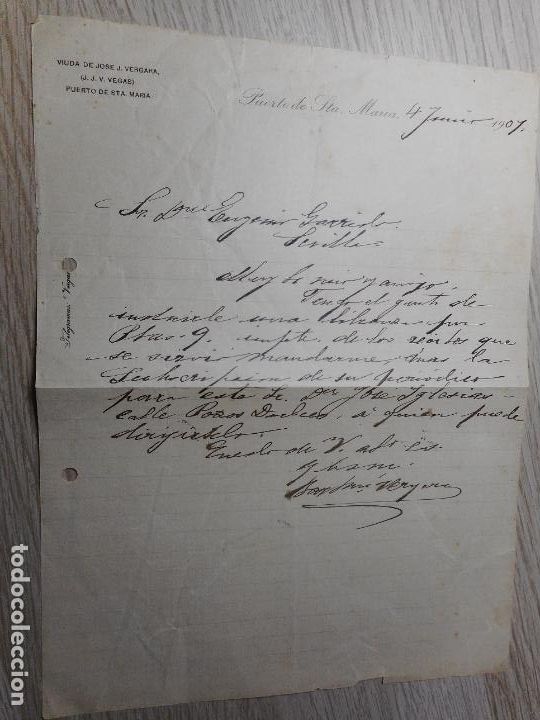 Alte Manuskripte: ANTIGUA CARTA EUGENIO GARRIGA.LA RECONQUISTA-VIUDA JOSE VERGARA.PUERTO SANTA MARIA 1907
