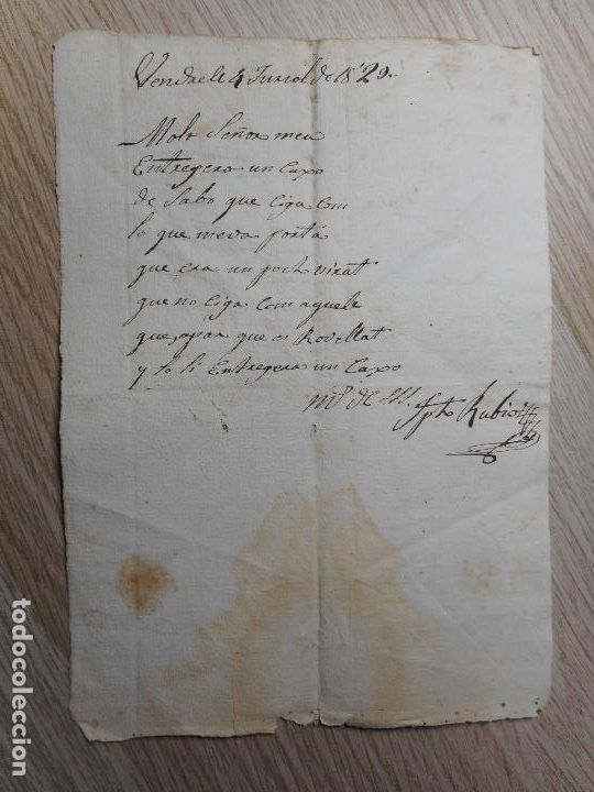Manuscritos antiguos: ANTIGUA CARTA MANUSCRITA.JOSEPH RUBIO.VENDRELL-GAYETANO SABONE.MEDIA LUNA PUERTO TARRAGONA 1829