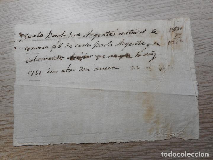 Manuscritos antiguos: ANTIGUO MANUSCRITO.BAUTISMO.CARLOS BOSCH JOVE ARGENTE.CERVERA LERIDA 1751