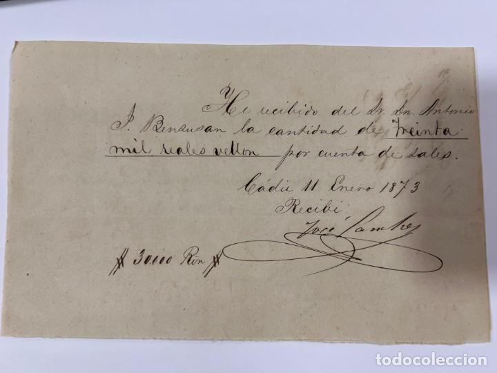 Manuscrits anciens: C&Aacute;DIZ, 1873. SALINAS. RECIBO POR VENTA DE SAL.