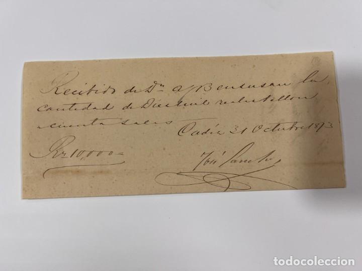 Manuscrits anciens: C&Aacute;DIZ, 1873. SALINAS. RECIBO POR VENTA DE SAL.
