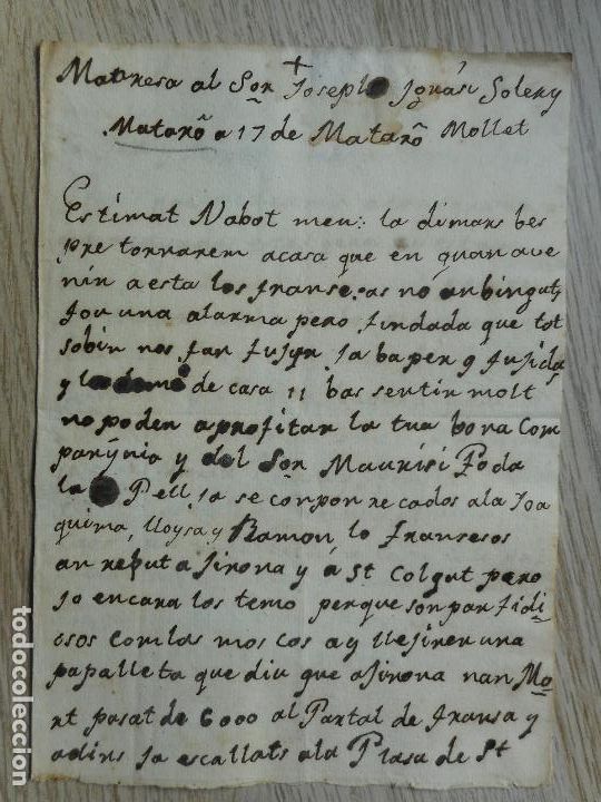 Manuscritos antiguos: ANTIGUA CARTA.MANUSCRITO CATALAN.MARGARITA RIERA SOLER.MATARO. JOSEPH IGNASI SOLER.MANRESA