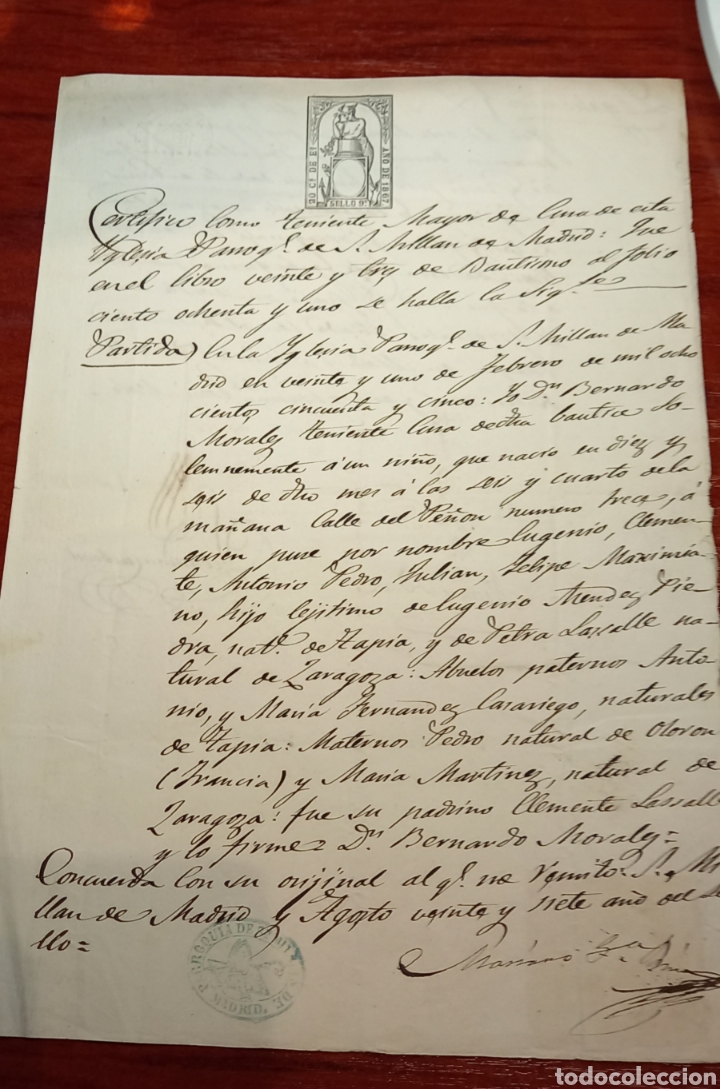 Manuscritos antiguos: Partida de bautismo de 1867 con sellos