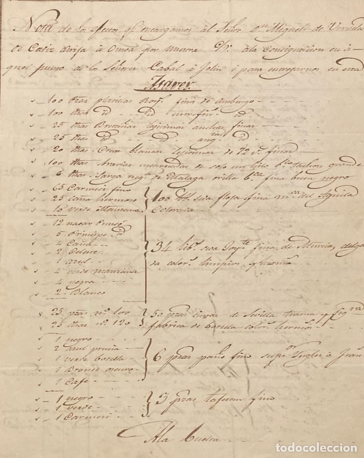 Manuscritos antiguos: DOCUMENTO DE ENV&Iacute;O DE TEJIDOS, VINO Y ENSERES DE VIDRIO DESDE GUATEMALA A C&Aacute;DIZ. URRUELA HERM. 1832.
