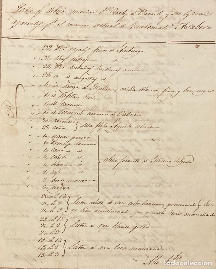 Manuscritos antiguos: DOCUMENTO ENV&Iacute;O TEJIDOS DESDE GUATEMALA A C&Aacute;DIZ. 1832. POR JOS&Eacute; DE COLOMA.