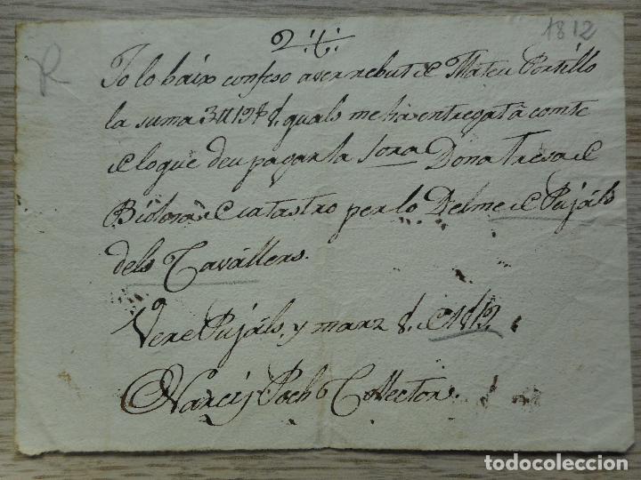 Manuscritos antiguos: ANTIGUO MANUSCRITO CATALAN.RECIBO.MATEU PORTILLO.NARCIS POCH.PUJALS DELS CAVALLERS.GERONA 1812