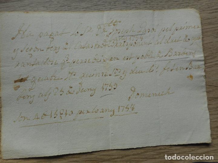 Manuscritos antiguos: ANTIGUO RECIBO MANUSCRITO CATALAN.JOSEPH GASOL.BARBENS LERIDA 1749