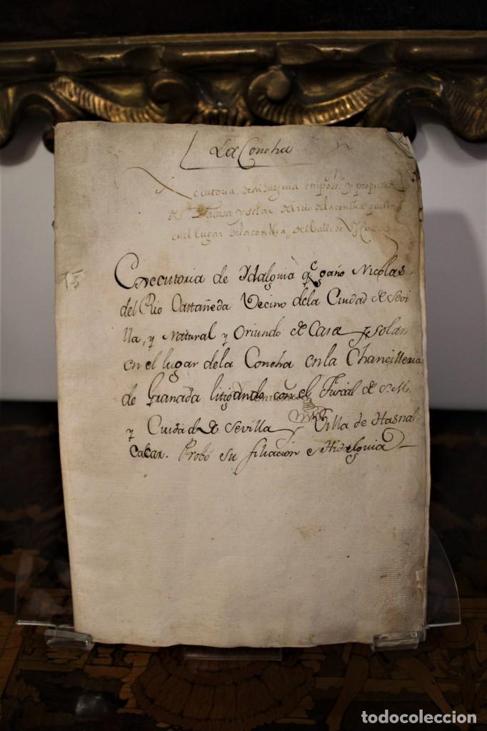 Manuscritos antiguos: EJECUTORIA DE HIDALGUIA DE DON NICOLAS DEL RIO CASTA&Ntilde;EDA, VECINO DE SEVILLA, SIGLO XVII