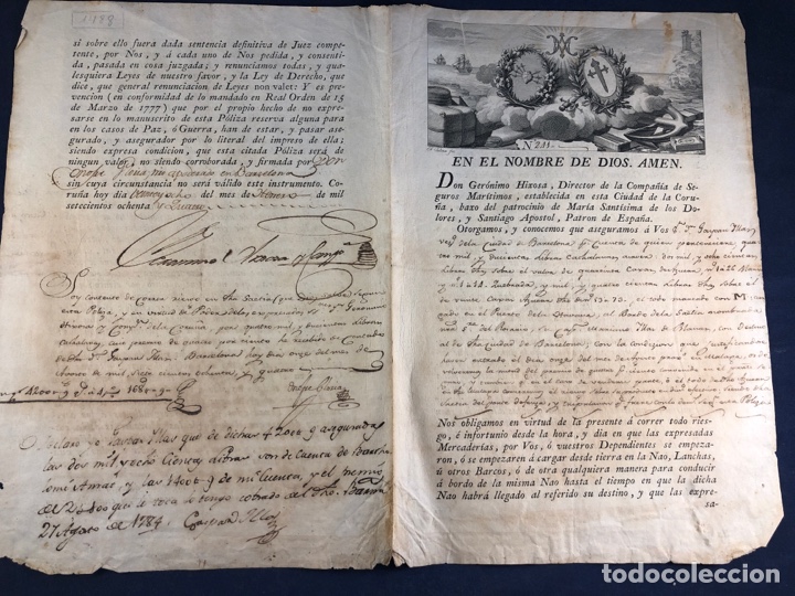 Manuscritos antiguos: Otorgamiento de seguro para mercanc&iacute;a siglo XVIII por D. Geronimo Hixosa