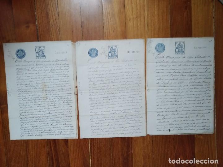 Manuscritos antiguos: Escrituras (3) de compra-venta de fincas en Sobrada (Tomi&ntilde;o -Pontevedra) y pago de transmisi&oacute;n. 1915