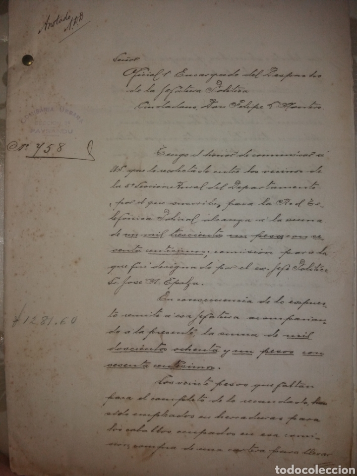 Manuscritos antiguos: Paysandu 1905 Documento Nomina Contribuyentes Red Telef&oacute;nica policial 5a secci&oacute;n rural PAYSANDU