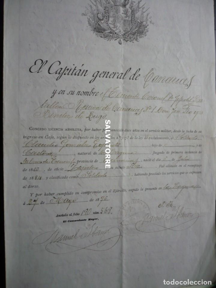 Manuscritos antiguos: DOCUMENTO CAPITAN GENERAL CANARIAS.1896.GONZALEZ EXPOSITO.LA LAGUNA.TENERIFE.LICENCIA MILITAR