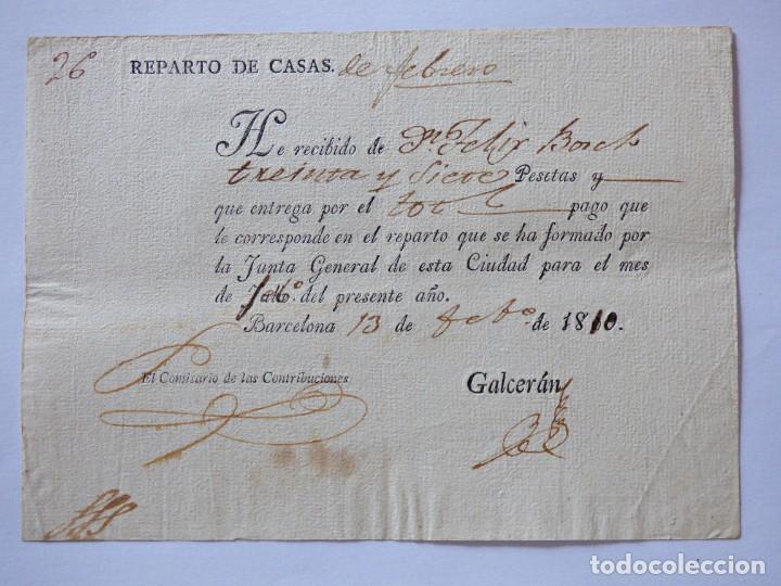 Manuscritos antiguos: GUERRA INDEPENDENCIA. CONTRIBUCI&Oacute;N REPARTO DE CASAS POR LOS FRANCESES EN BARCELONA. 1810