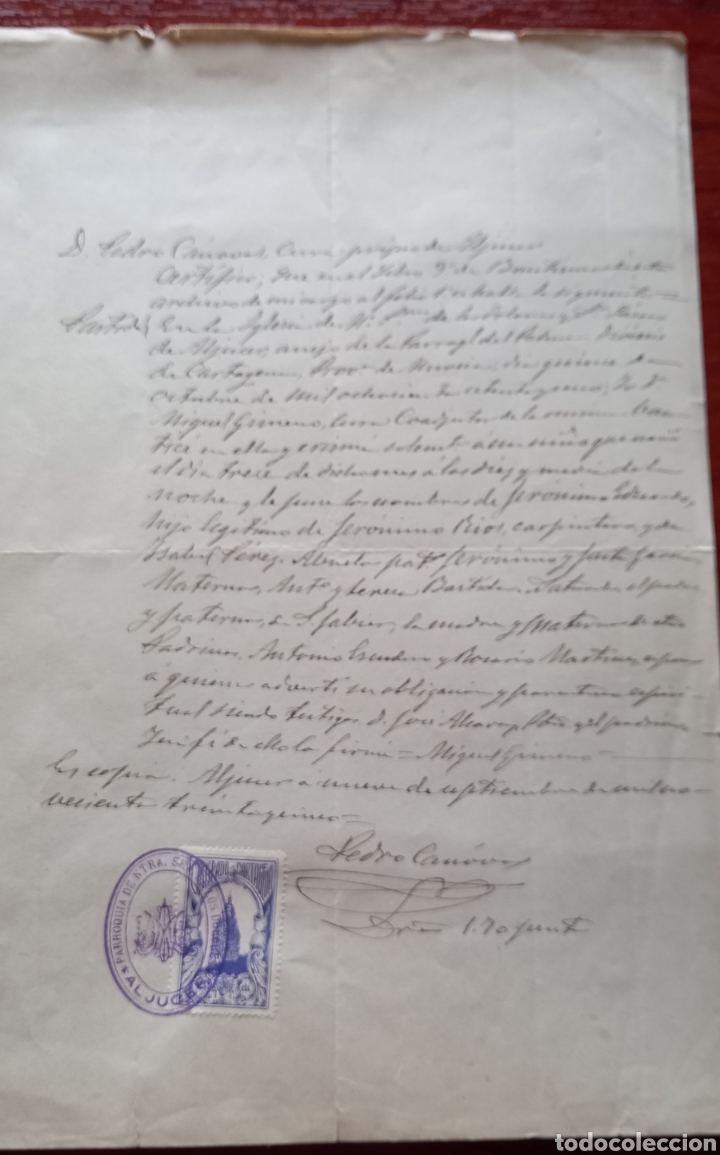 Manuscrits anciens: Manuscrito de la parroquia de Aljucer. Con sello del Obispado de Cartagena