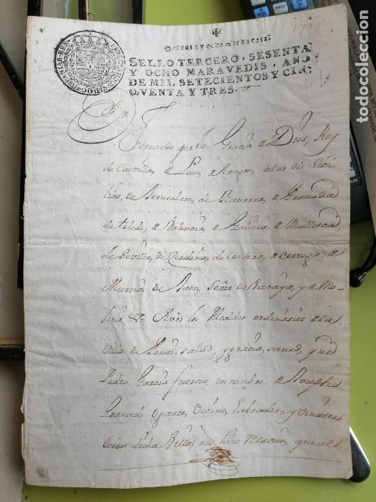 Manuscritos antiguos: IMPORTANTE ESCRITURA DE 1753 CON SELLO - Foto 4