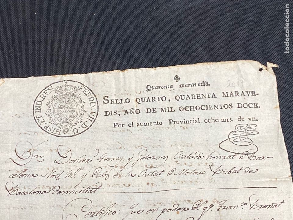 Manuscrits anciens: SELLO CUARTO 1812. AUMENTO PROVINCIAL OCHO MRS. DE VN.