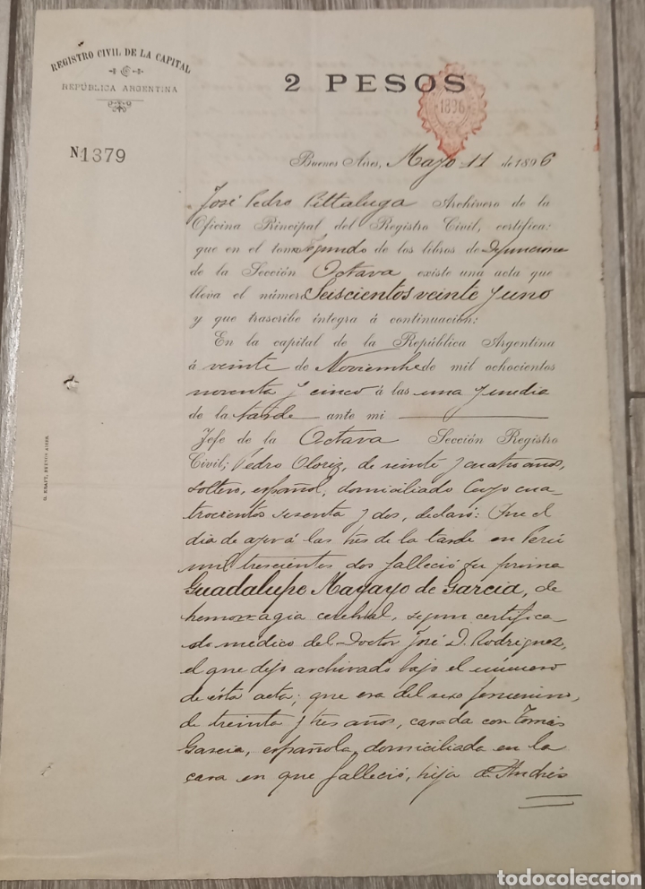 Manuscrits anciens: Registro Civil de Buenos Aires. 1896