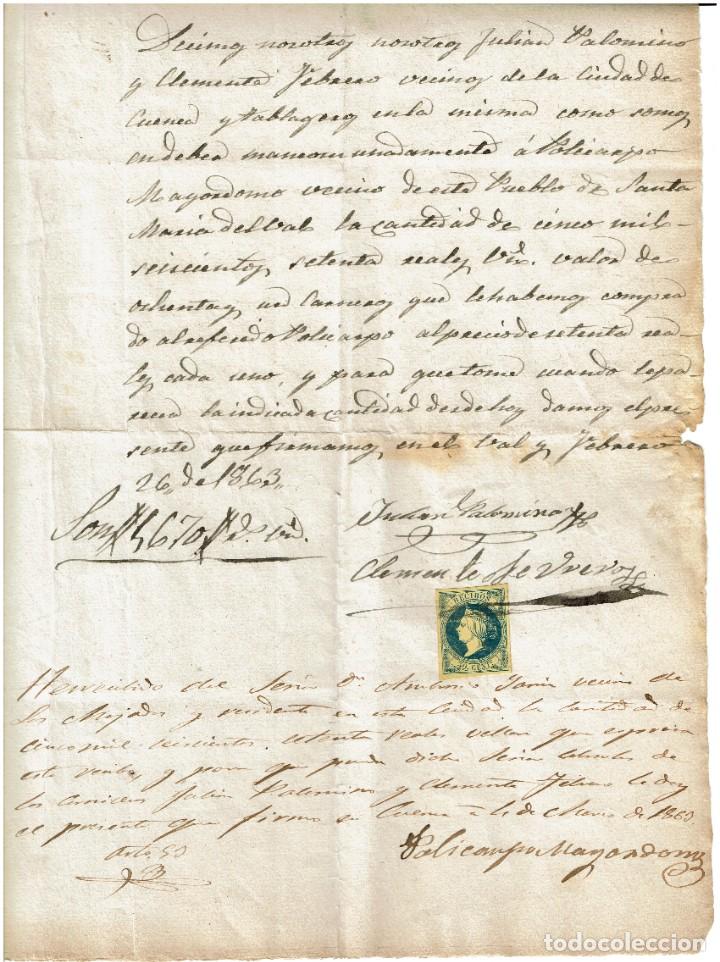 Manuscrits anciens: Documento manuscrito 1863. Pagar&eacute; compra. Santa Mar&iacute;a del Val-Cuenca. Con sello fiscal 50 cts