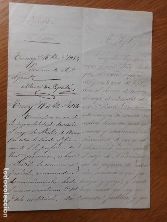 Manuscrits anciens: ANTIGUAS CARTAS.RENUNCIA ALCALDIA 8&ordm; BARRIO.TARRAGONA 1854.MARTI DE CIPULA.SIMON REVERT&Eacute;.