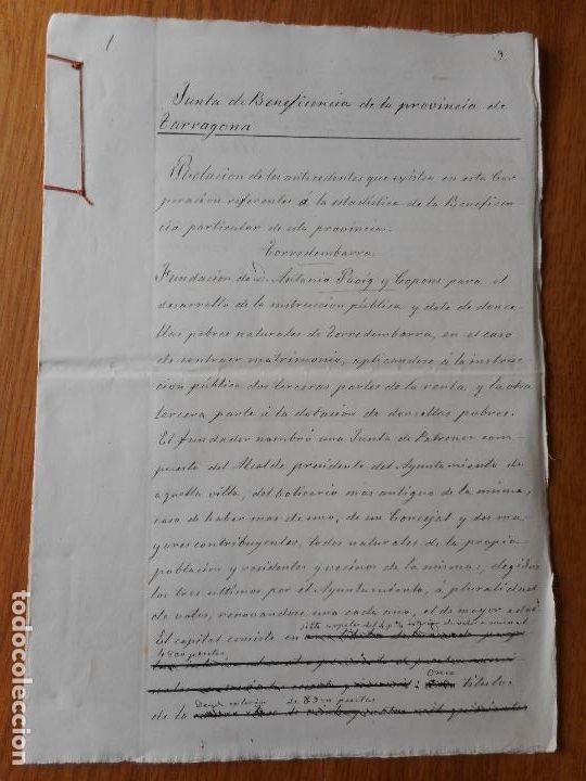 Manuscrits anciens: MANUSCRITO JUNTA BENEFICIENCIA PROVINCIA TARRAGONA.S.XIX. TORREDEMBARRA.SELVA CAMP. SANTA TECLA