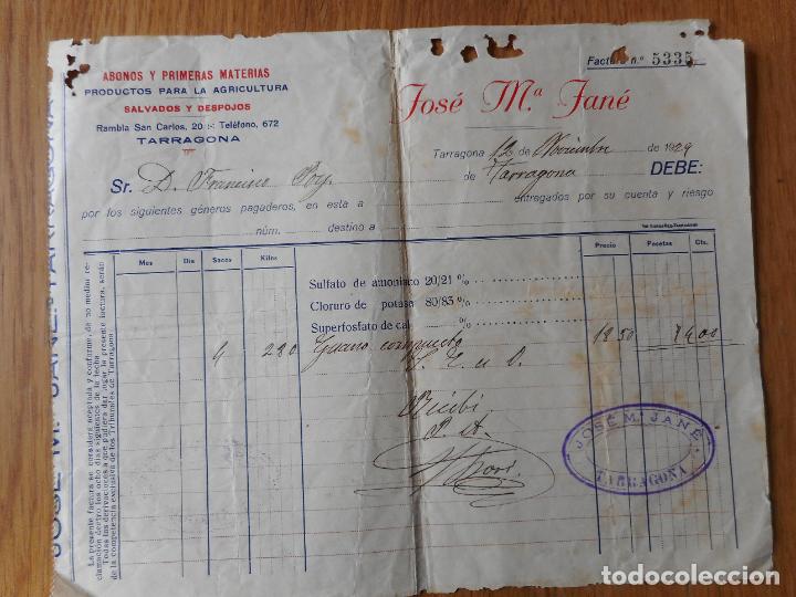 Manuscrits anciens: ANTIGUA FACTURA.JOSE MARIA JAN&Eacute;.ABONOS.PRODUCTOS AGRICULTURA.TARRAGONA 1929