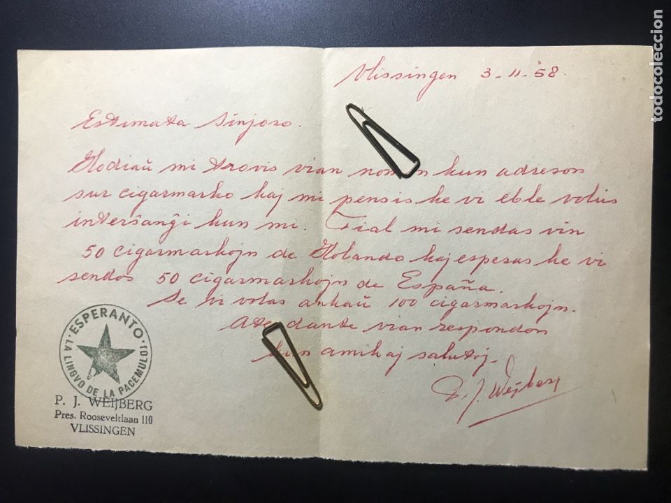 Manuscritos antiguos: ESPERANTO , carta con membrete documento original 1958 bien conservada - Foto 1