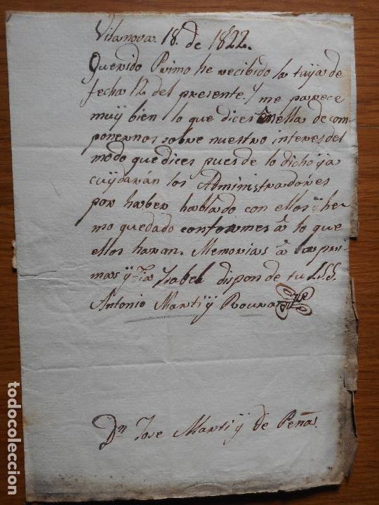 Alte Manuskripte: ANTIGUA CARTA MANUSCRITO ANTONIO MARTI ROURAT-JOSE MARTI DE PE&Ntilde;AS. VILANOVA 1822
