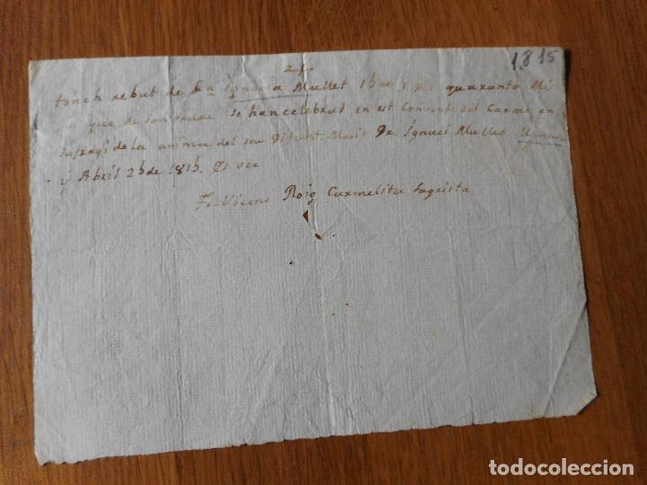 Alte Manuskripte: ANTIGUO RECIBO MANUSCRITO CATALAN IGNASI MULLET. CONVENT DEL CARME MANRESA 1815.
