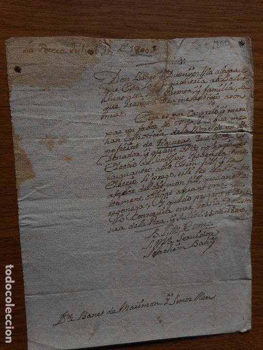 Ancient Manuscripts: ANTIGUA CARTA MANUSCRITO CATALAN.BONET MARIMON.FIGUERAS- JOACHIM BAHY. LA PERA GERONA 1800