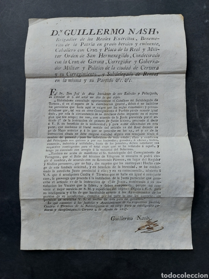 Manuscritos antiguos: Documento Guillermo Nash Ej&eacute;rcitos Tortosa baile termino Vilagrasa 1817 XIX - Foto 1