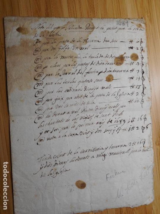 Manuscritos antiguos: ANTIGUO MANUSCRITO CATALAN GASTOS OBRA IGLESIA SANT SALVADOR GUARDIOLA 1684. SALVADOR BRUNET