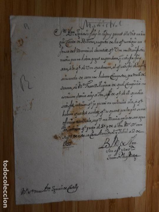 Ancient Manuscripts: ANTIGUO MANUSCRITO CARTA CATALAN. IGNASI DE CASTELLS - JOAN RIBAS. MONISTROL DE MONTSERRAT 1757