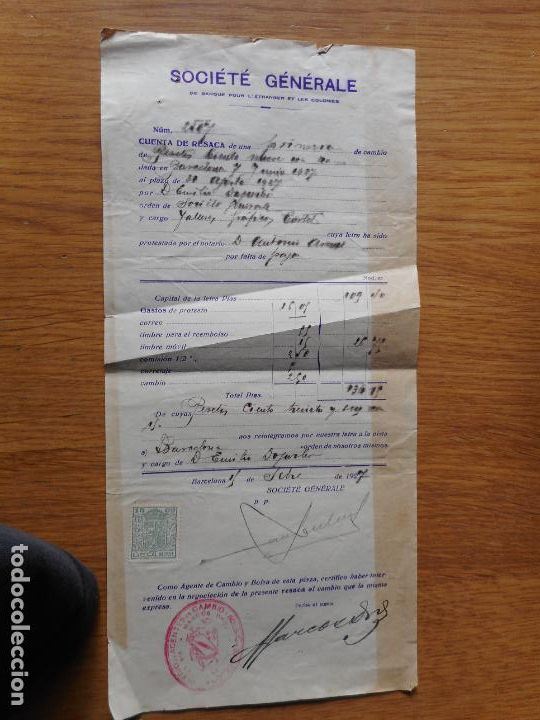 Manoscritti antichi: ANTIGUA FACTURA SOCIETE GENERALE DE BANQUE POUR L'EXTRANGER ET LES COLONIES.BARCELONA 1927