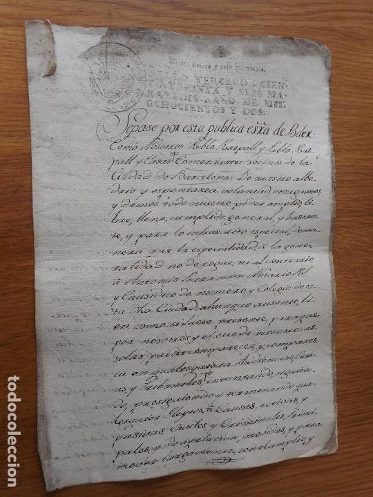 Alte Manuskripte: ANTIGUO MANUSCRITO CATALAN PABLO RASPALL Y CASAS.BARCELONA 1802