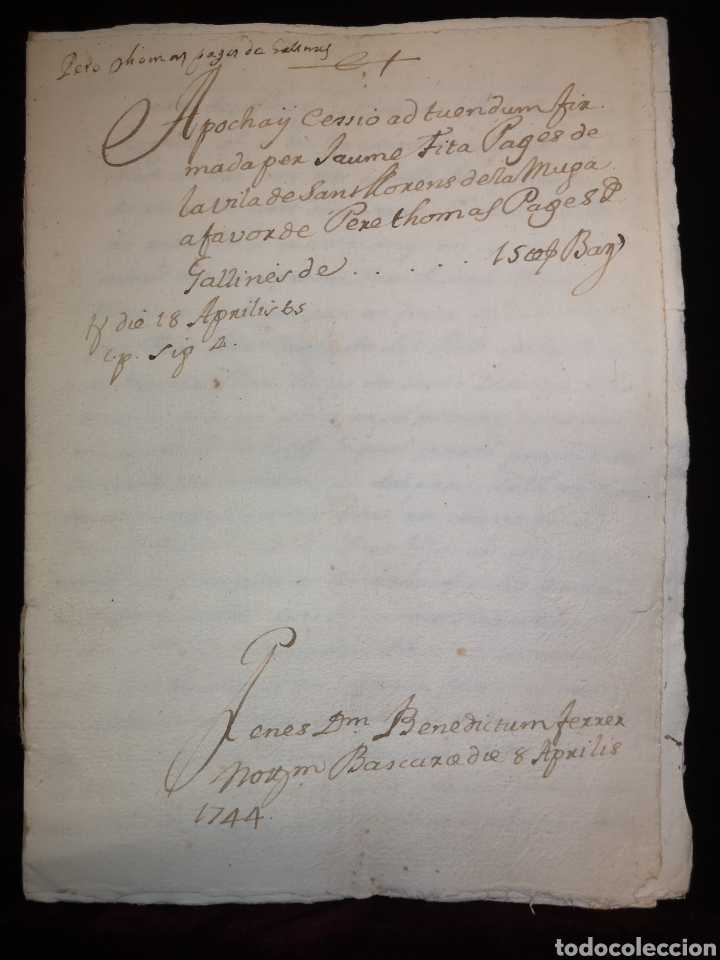 Manuscrits anciens: APOCA - MANUSCRITO - GALLINERS (GIRONA) - SANT LLOREN&Ccedil; DE LA MUGA - A&Ntilde;O 1744 - 16 X 21 CM