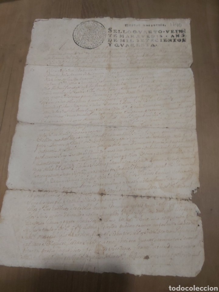 Manuscritos antiguos: 1740 veinte maraved&iacute;s sello cuarto Philippe V - Foto 1