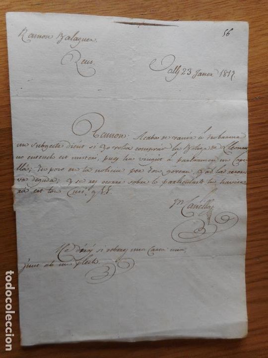 Manuscrits anciens: ANTIGUA CARTA MANUSCRITO CATALAN.RAMON BALAGUER.REUS-M.CANELLAS VALLS TARRAGONA 1817