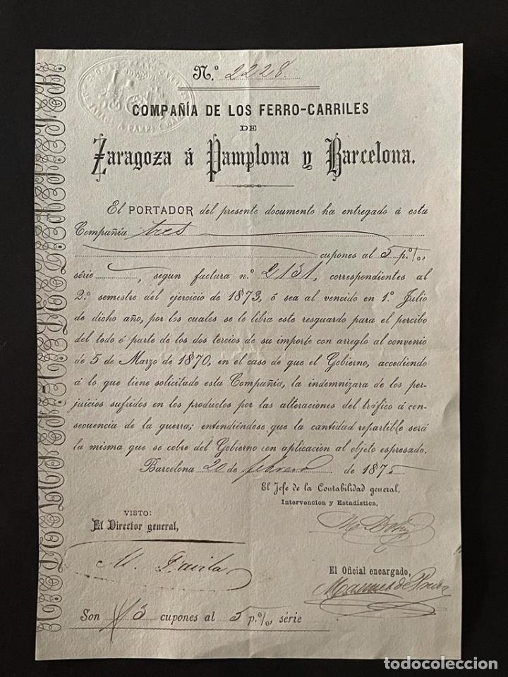Manuscritos antiguos: DOCUMENTO - COMPA&Ntilde;&Iacute;A DE LOS FERRO-CARRILES DE ZARAGOZA A PAMPLONA Y BARCELONA - Foto 1