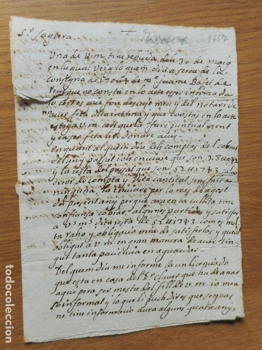Ancient Manuscripts: ANTIGUO MANUSCRITO CATALAN CARTA ENVIADA A JACINTO SAGRERA DE BARCELONA - EN TARRAGONA 1667