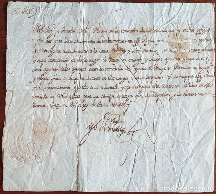 Manuscritos antiguos: A&Ntilde;O 1656 &ndash; ORDEN REAL FIRMADA POR FELIPE IV &ldquo;YO EL REY&rdquo; &ndash; LICENCIA ARMAMENTOS BUQUES GUERRA