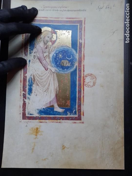 Manuscritos antigos: Facs&iacute;mil Hoja de la Biblia Moralizada de N&aacute;poles siglo XIV. Folio 1 Creaci&oacute;n del mundo.