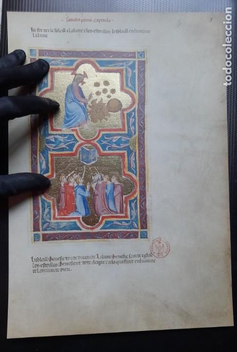 Manuscritos antigos: Facs&iacute;mil Hoja de la Biblia Moralizada de N&aacute;poles siglo XIV Folio 5 y 5 v. Creaci&oacute;n astros y peces.