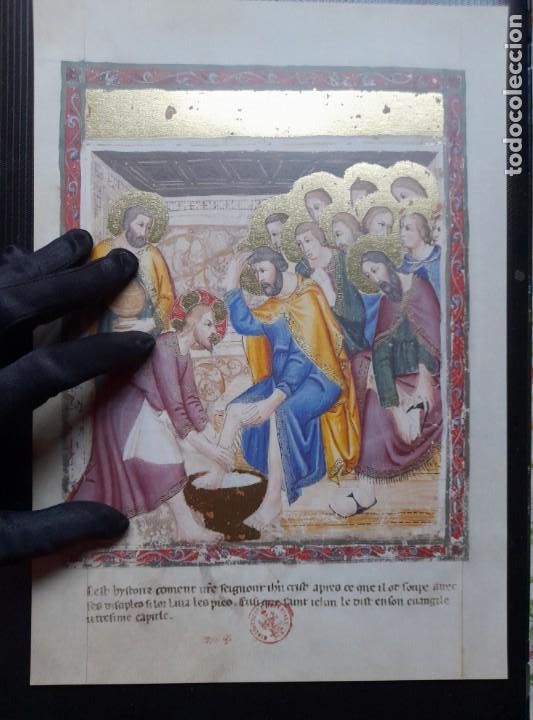 Manuscritos antigos: Facs&iacute;mil Hoja de la Biblia Moralizada de N&aacute;poles siglo XIV Folio 165 v. Lavatorio de Pi&eacute;s.