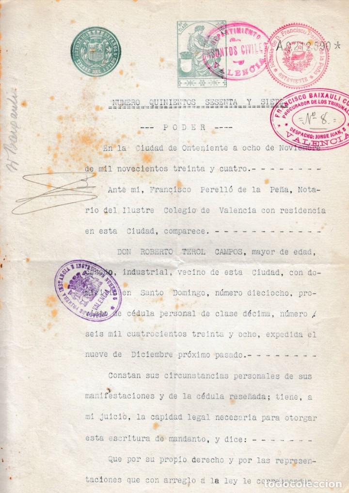 Manuscritos antiguos: 1934 ONTENIENTE (VALENCIA) NOTARIA DE FRANCISCO PERELLO DE LA PE&Ntilde;A. ESCRITURA DE PODER - Foto 1