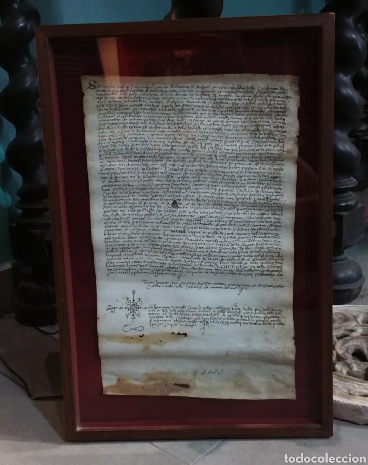 Alte Manuskripte: Manuscrito sobre pergamino enmarcado. 4 de Mayo 1547. Caldes de Montbui