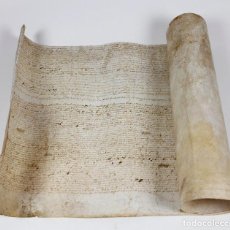 Manuscritos antiguos: PALAMÓS AÑO 1620. VENTA DE UNAS TIERRAS EN GIRONA. 35X69 CM.. Lote 360344295