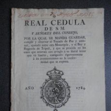Manuscritos antiguos: PIRATERÍA CÉDULA REY CARLOS III 1784 TRATADO DE PAZ - CON EL BEY Y REGENCIA DE TRÍPOLI - TURCOS. Lote 360959305
