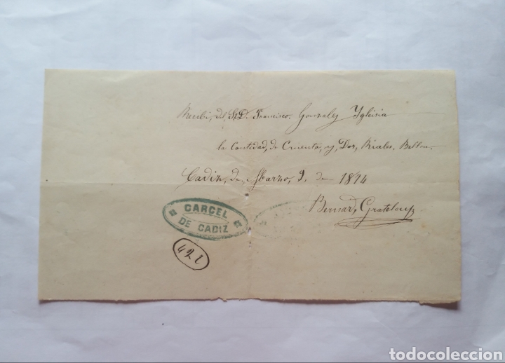 Manuscritos antiguos: RECIBO C&Aacute;RCEL DE C&Aacute;DIZ. SELLO DE LA C&Aacute;RCEL. A&Ntilde;O 1874. - Foto 1